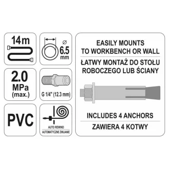 YATO Tambur automat pentru furtun pneumatic 6,5 mm x 14 m