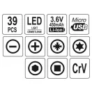 Set șurubelniță de precizie YATO cu acumulator și set de biți 39 de părți 3,6 V Li-Ion (baterie de 0,45 Ah + cablu de încărcare