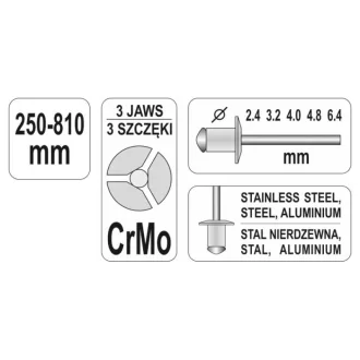Clești pentru nituri armonici YATO 250-810 mm (2,4-6,4 mm)