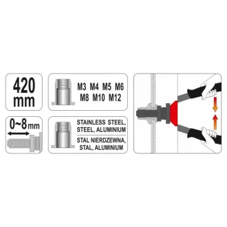 YATO Piuliță cu nituri 420 mm M3, M4, M5, M6, M8, M10, M12