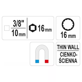 YATO Cheie priza perete subtire 3/8" 16 mm