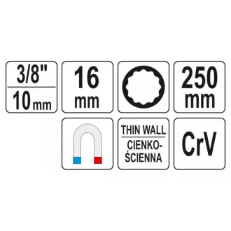   YATO Cheie pentru bujii extra lungă 3/8" 16 mm / 250 mm CrV magnetică