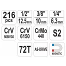 YATO Set chei tubulare 216 piese 1/4", 3/8", 1/2" CrV