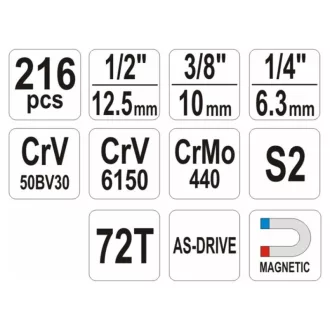   YATO Set chei tubulare 216 piese 1/4", 3/8", 1/2" CrV