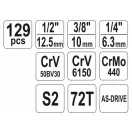 Set de scule YATO 129 piese 1/4", 3/8", 1/2" CrV CrMo