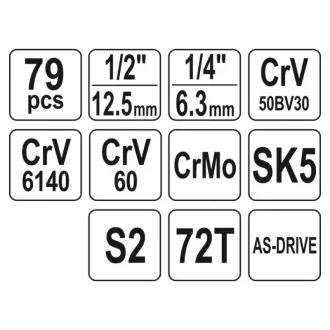 Set de scule YATO 79 piese 1/4", 1/2" CrV CrMo