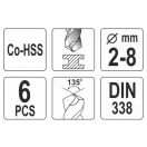 YATO Set de burghie cu șurub 6 piese 2-8 mm HSS Co