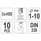 YATO Set burghie elicoidale 10 piese 1-10 mm HSS Co