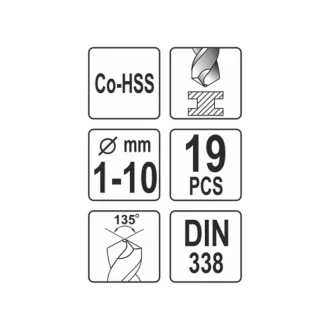 YATO Set de burghie elicoidale din 19 piese 1-10 mm HSS Co