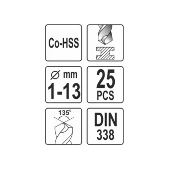 YATO Set de burghie elicoidale 25 piese 1-13 mm HSS Co