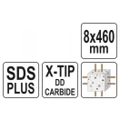 Burghiu pentru rocă YATO, cu patru muchii, 8,0 x 460/375 mm, SDS-Plus