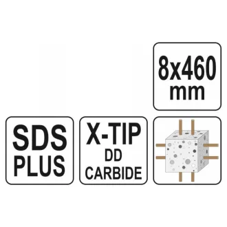   Burghiu pentru rocă YATO, cu patru muchii, 8,0 x 460/375 mm, SDS-Plus