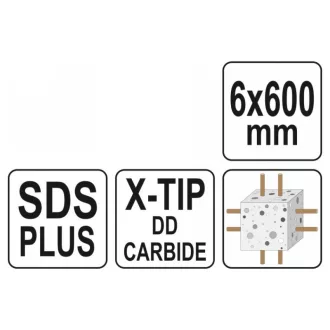   YATO Burghiu pentru roci 6 x 600/525 mm cu patru muchii SDS-Plus