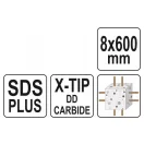 YATO Burghiu pentru roci 8 x 600/525 mm cu patru margini SDS-Plus