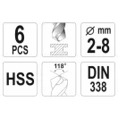 YATO Set de burghie elicoidale 6 piese 2-8 mm HSS