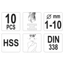 YATO Set burghie elicoidale 10 piese 1-10 mm HSS
