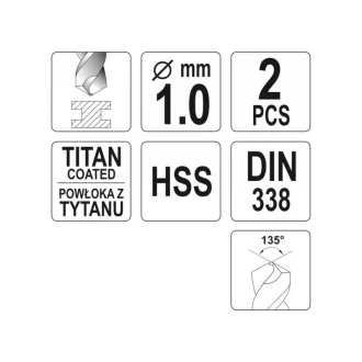 YATO Burghiu elicoidal 1,0 x 34/12 mm HSS-TiN (2 buc)
