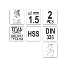 YATO Burghiu în spirală 1,5 x 40/18 mm HSS-TiN (2 buc)