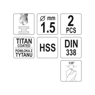 YATO Burghiu în spirală 1,5 x 40/18 mm HSS-TiN (2 buc)