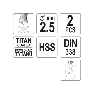 YATO Burghiu elicoidal 2,5 x 57/30 mm HSS-TiN (2 buc)
