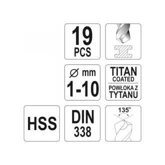 YATO Set de burghie elicoidale 19 piese 1-10 mm HSS-TiN