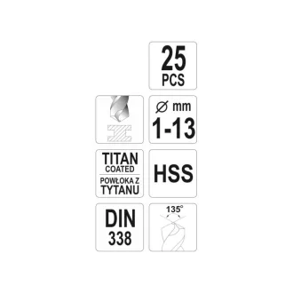 YATO Set de burghie cu șurub 25 piese 1-13 mm HSS-TiN