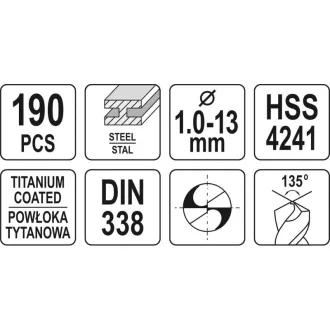 YATO Set de burghie elicoidale 190 piese 1-13 mm HSS-TiN