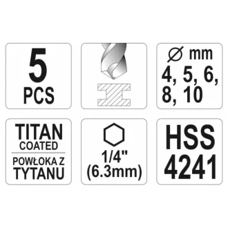 YATO Set burghie elicoidale cu prindere bit 5 piese HSS Ti