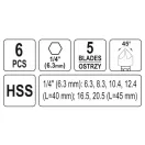 Set de freze YATO pentru metal 6 piese (6,3-8,3-10,4-12,4-16,5-20,5 mm) HSS cu suport pentru biți