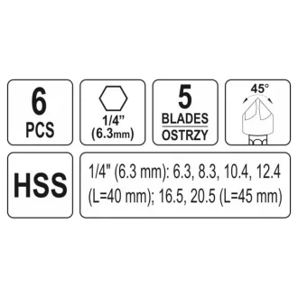   Set de freze YATO pentru metal 6 piese (6,3-8,3-10,4-12,4-16,5-20,5 mm) HSS cu suport pentru biți