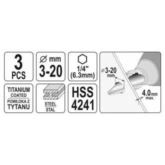 Set de burghie YATO Step din 3 piese nitrură de titan HSS