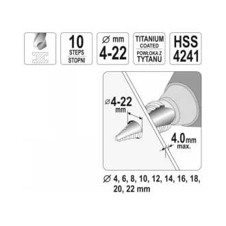 Burghiu pas YATO 4-22 mm 10 trepte HSS nitrura de titan
