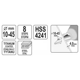 Burghiu pas YATO 10-45 mm 8 trepte HSS nitrura de titan