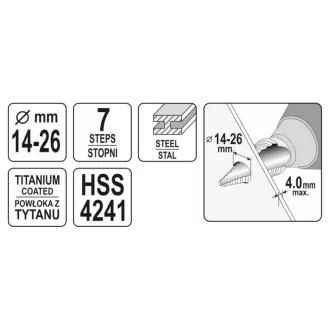 Burghiu pas YATO 14-26 mm 7 trepte HSS nitrura de titan