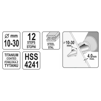 Burghiu pas YATO 10-30 mm 12 trepte HSS nitrura de titan