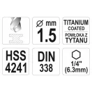 YATO Burghie elicoidale 1,5 x 63/18 mm HSS-TiN cu prindere de bit