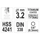 YATO Burghie elicoidale 3,2 x 85/36 mm HSS-TiN cu prindere pe bit