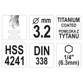   YATO Burghie elicoidale 3,2 x 85/36 mm HSS-TiN cu prindere pe bit