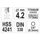 YATO Burghiu elicoidal 4,2 x 95/43 mm HSS-TiN cu prindere de bit