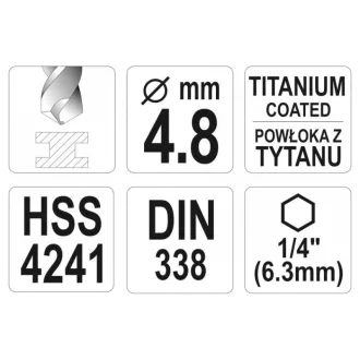   YATO Burghie elicoidală 4,8 x 106/52 mm HSS-TiN cu prindere bit