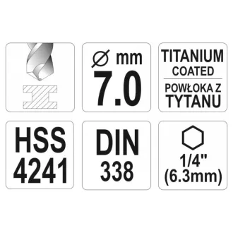  YATO Burghiu cu spirala 7,0 x 109/69 mm HSS-TiN cu prindere la bit