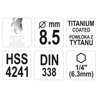   YATO Burghiu elicoidal 8,5 x 117/75 mm HSS-TiN cu prindere pe biți