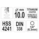 Burghiu elicoidal YATO 10,0 x 133/87 mm HSS-TiN cu prindere de bit
