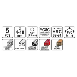   YATO Set universal de burghie 5 bucăți 4-10 mm prindere de bit
