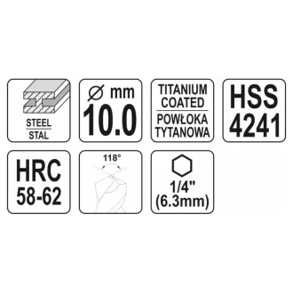   YATO Burghiu pentru metal 10,0 x 105 mm cu prindere tip bit HSS-TiN