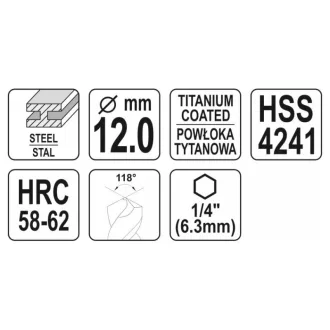   YATO Burghiu pentru metal 12,0 x 115 mm cu prindere de bit HSS-TiN