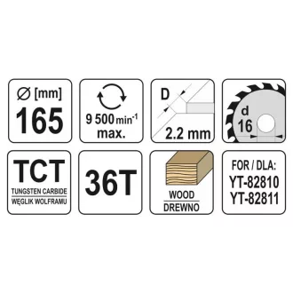 YATO Disc de tăiat pentru lemn 165 x 16 x 1,5 mm / 36T