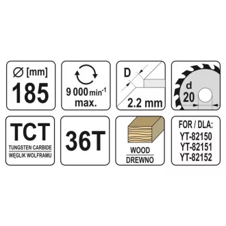 YATO Disc de tăiere pentru lemn 185 x 20 x 1,5 mm / 36T