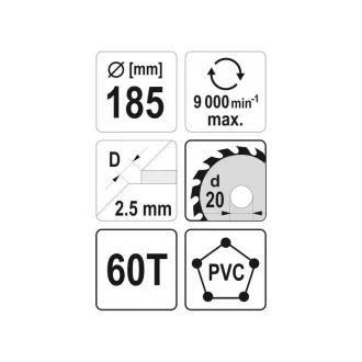 Disc de tăiere pentru PVC YATO 185 x 20 x 1,5 mm / 60T