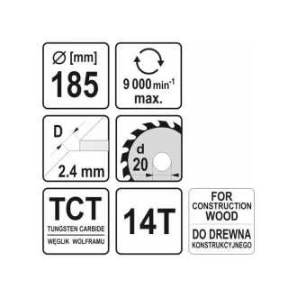  YATO Disc de tăiere pentru lemn cu cuie 185 x 20 x 2,4 mm / 14T